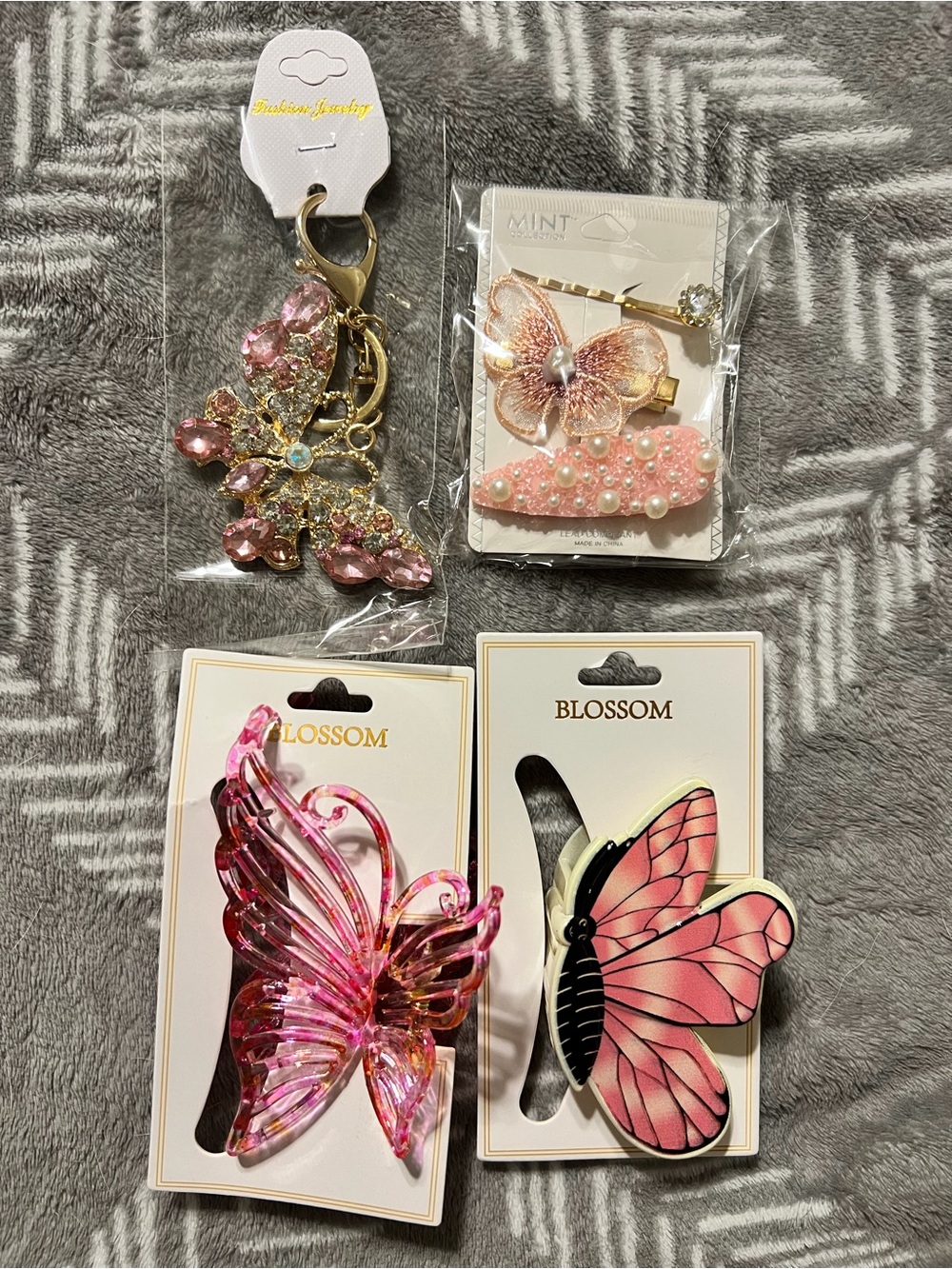 Pink Butterfly Hair Claws, Clips, and Keychain Bundle Lot